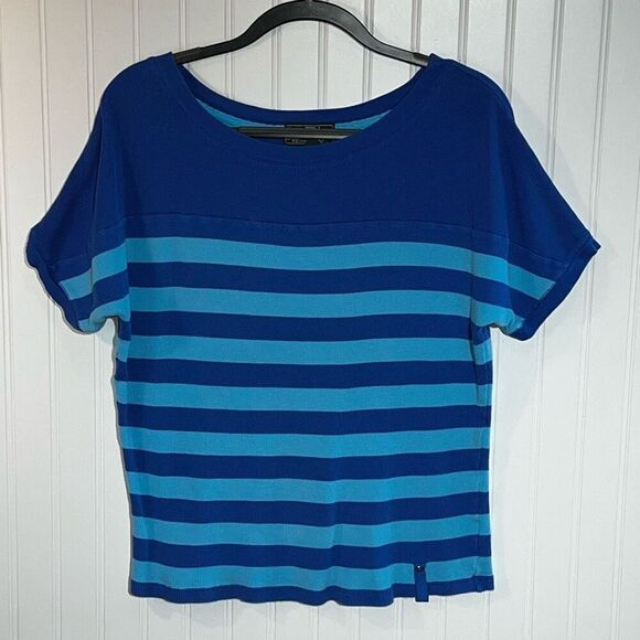 LRL Ralph Lauren Jeans Co Shirt Women Large Blue Strip Short Sleeve Pullover - Picture 1 of 9